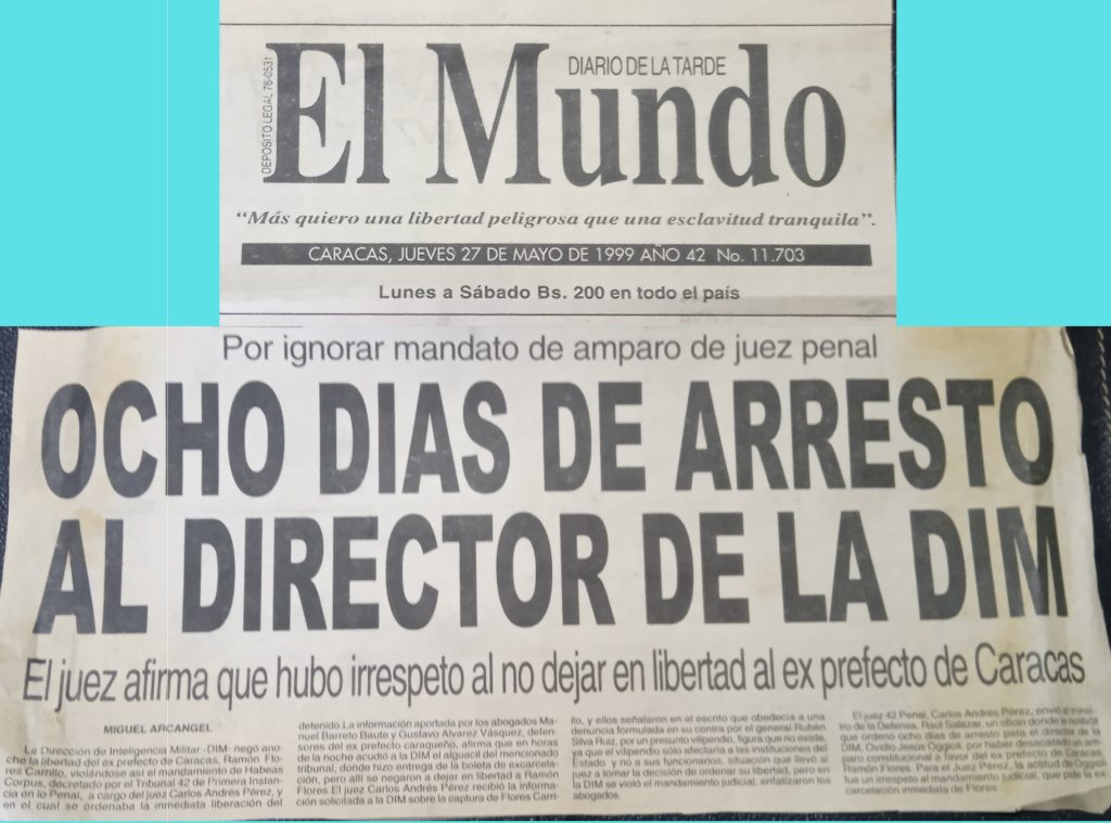 Portada del diario El Mundo del 27 de mayo de 1999 con ocho días de arresto al director de la DIM por el caso Ramón Flores Carrillo