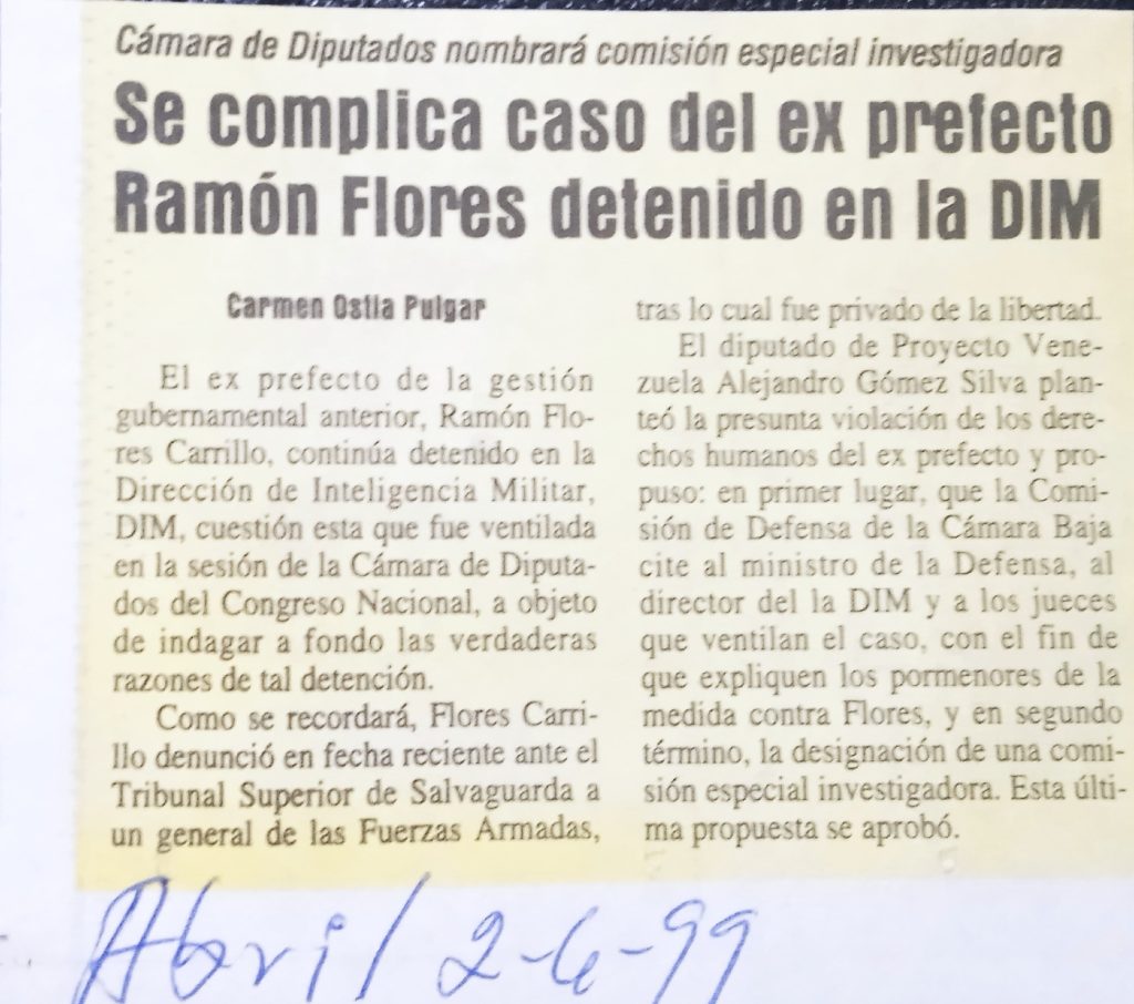Recorte de prensa de 1999 sobre la Comisión Especial de Diputados que atendió el caso de Ramón Flores Carrillo en el Congreso Nacional de Venezuela