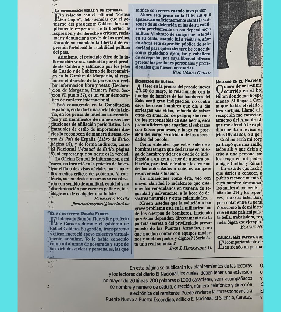 Artículo de opinión de Elio Gómez Grillo en defensa de Ramón Flores Carrillo, primer preso político del chavismo en 1999