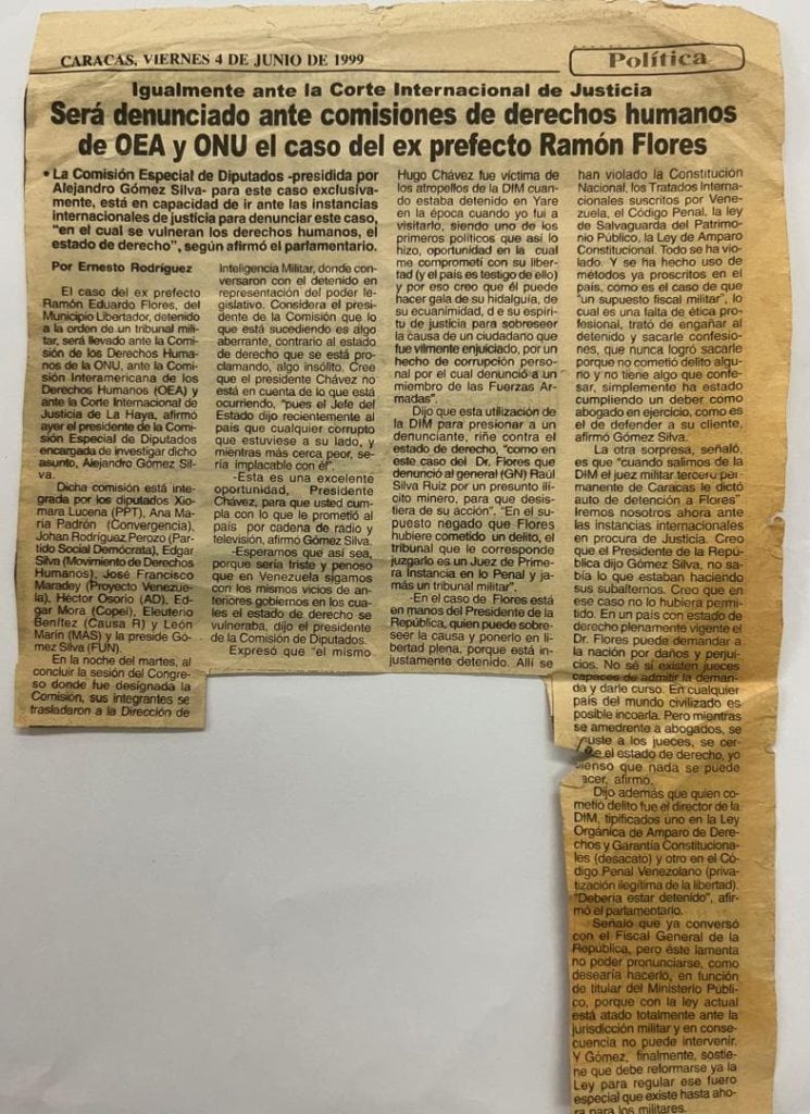 Recorte de prensa de 1999 sobre el caso Ramón Flores Carrillo presentado ante la OEA y la ONU como primer preso político del chavismo